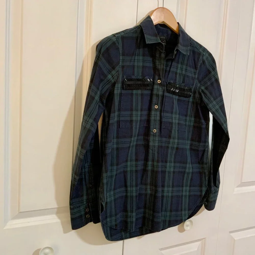 J. Crew Blue Green Tartan Plaid Beaded Pockets Popover Top Size 2